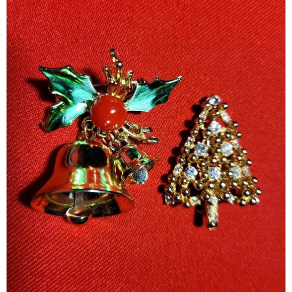 Christmas Pins/ Brooches Set of 2 - Christmas Bell, Christmas Tree - Picture 1 of 9